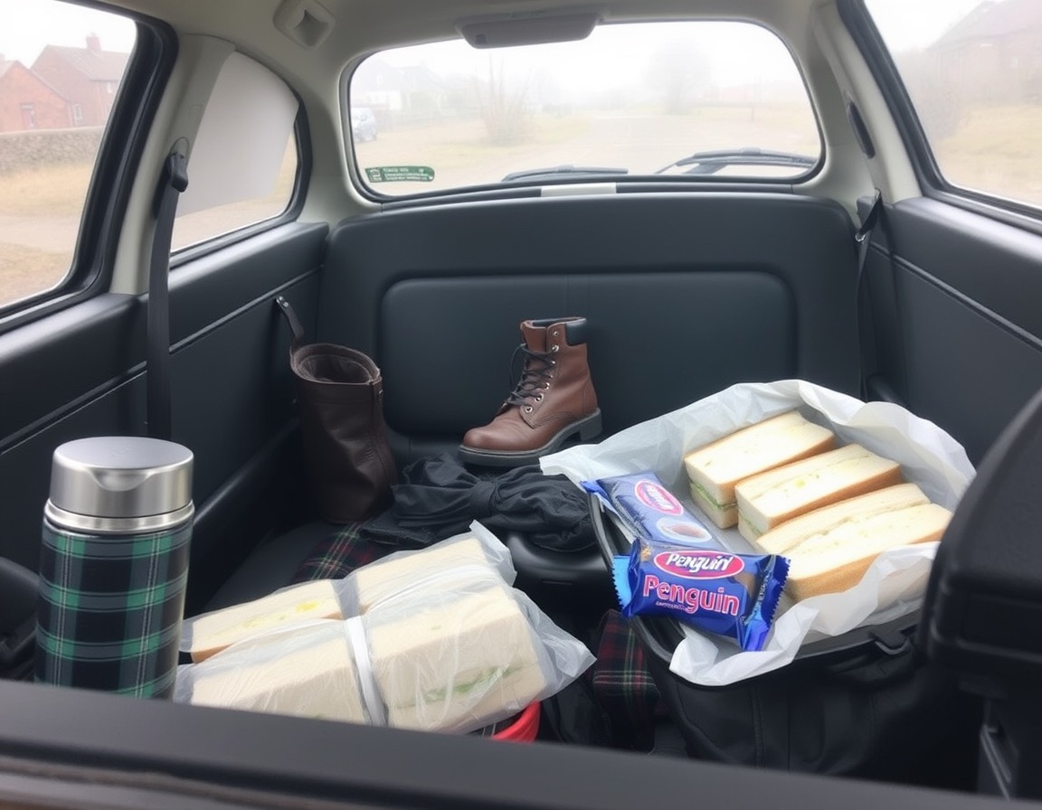 Egg and cress sandwiches in greaseproof, a tartan flask and a Penguin biscuit laid out in the car, with the boot visible behind