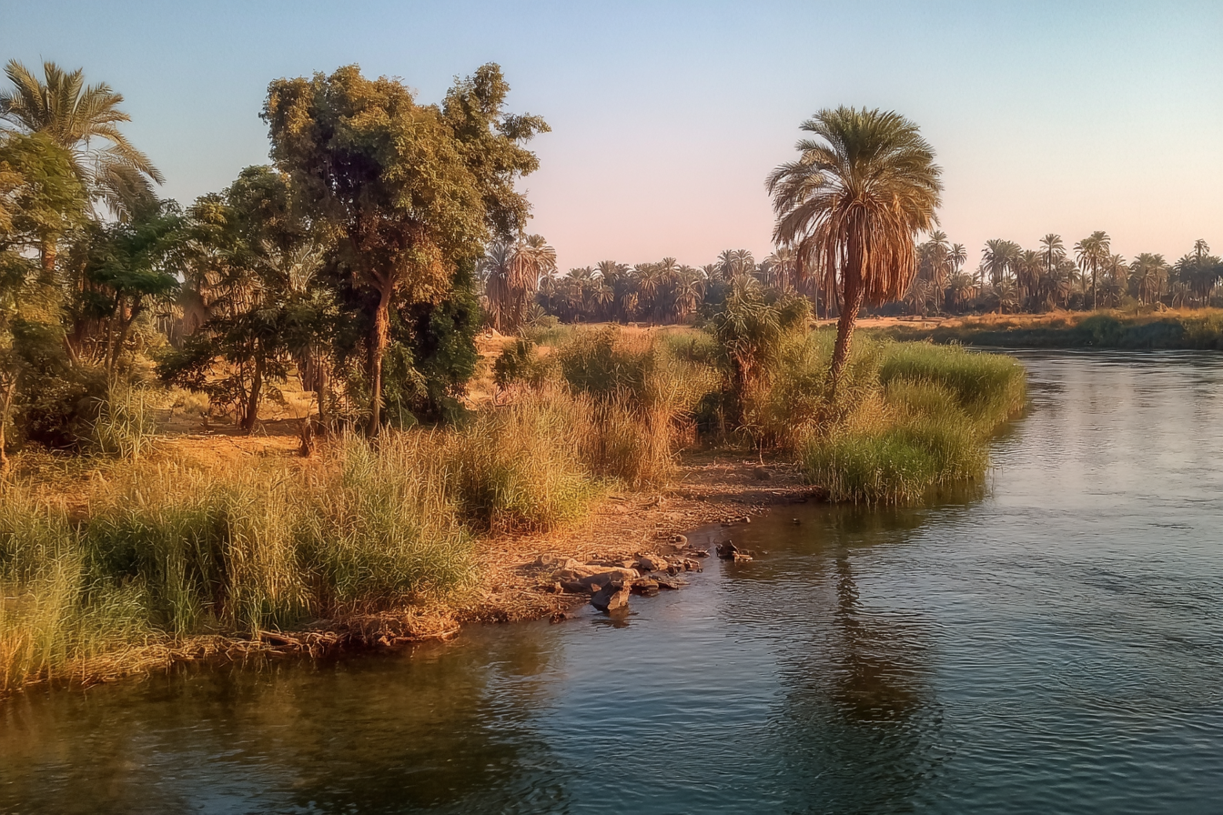 A blurry distant phone photograph of the Nile bank, a tiny dark shape that might be a single boot in the reeds