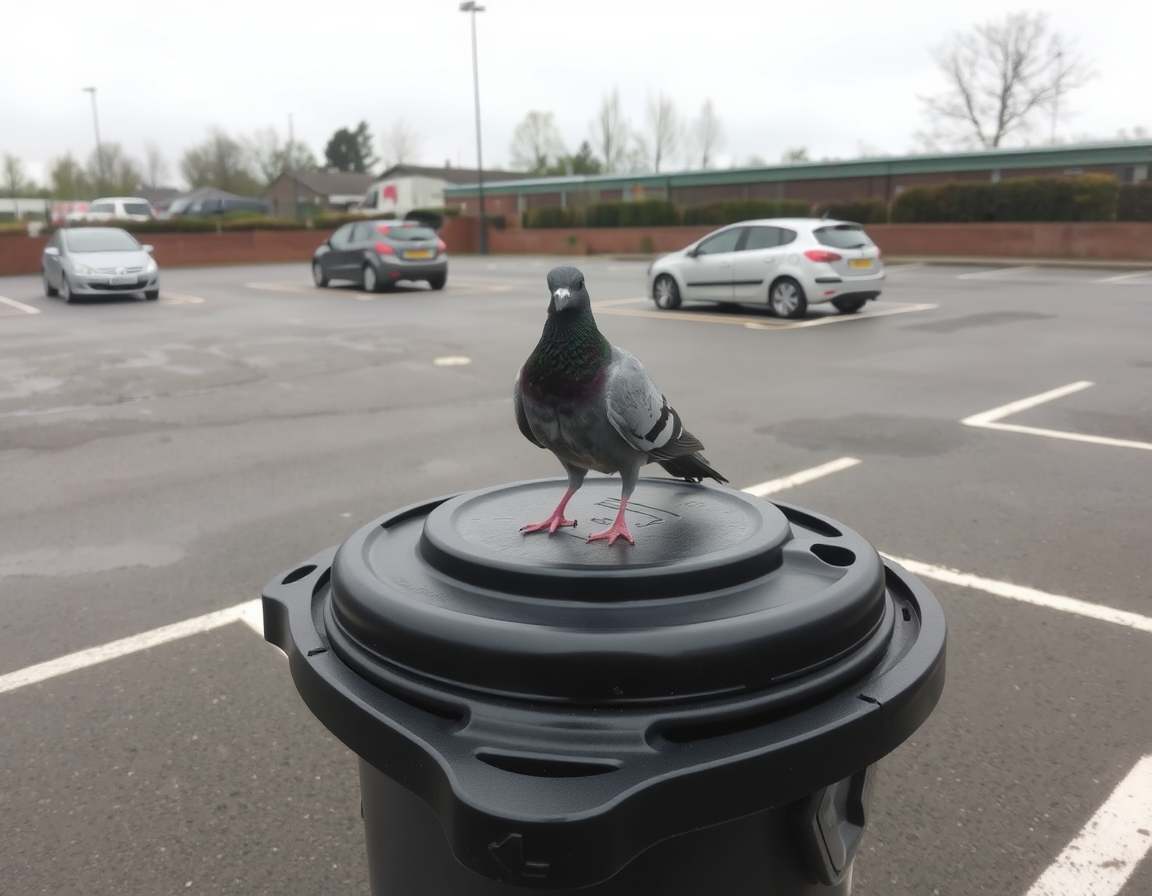 A pigeon stood on the lid of a wheelie bin in the Sainsbury's car park at Salendine Nook