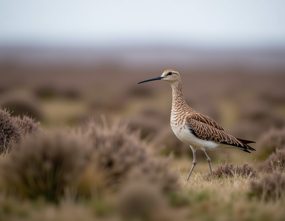 A curlew, a brown long-beaked moorland bird, standing in rough moor grass on Pule Hill