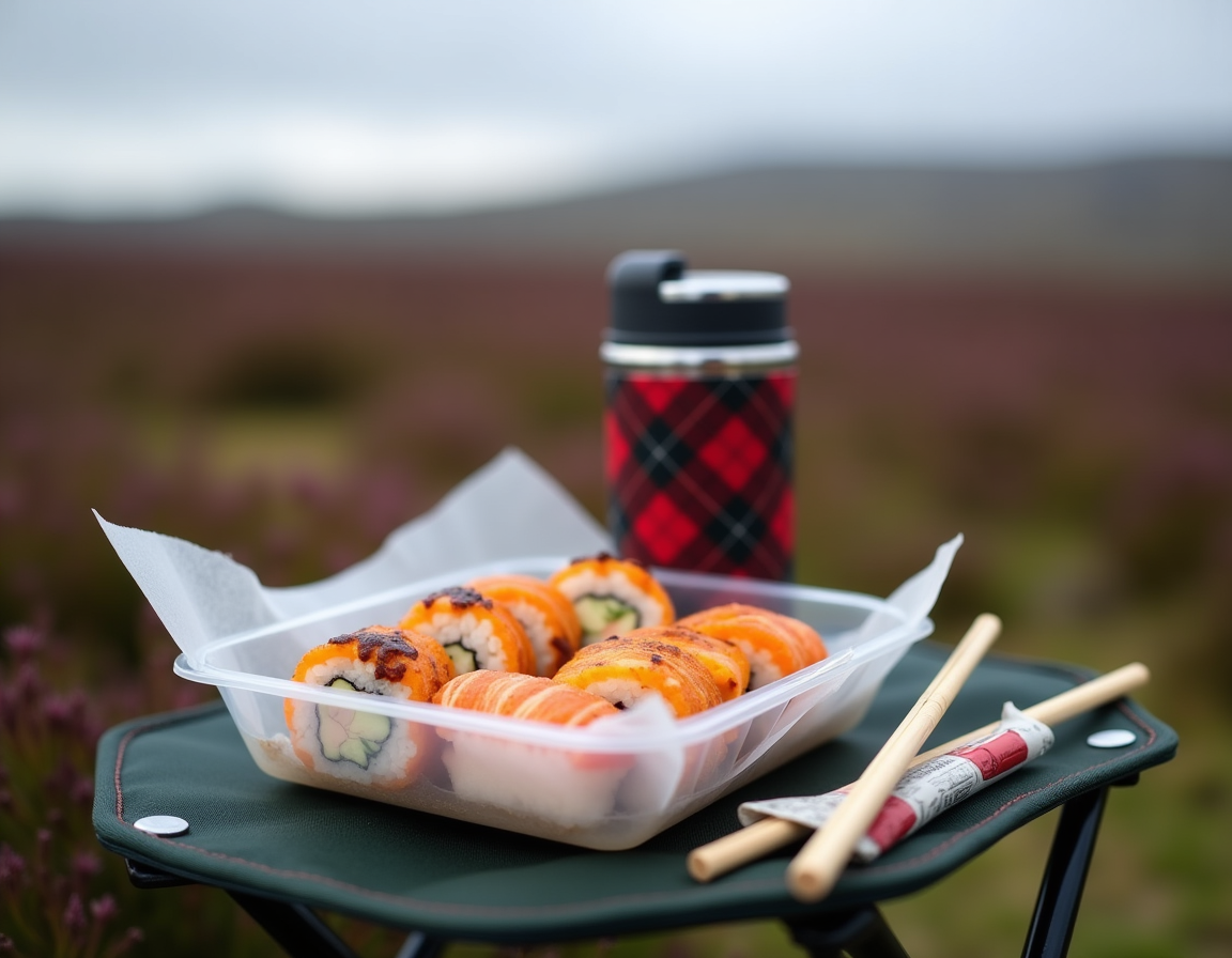An opened tray of supermarket sushi on greaseproof paper on a folding stool out on the moor, with a tartan flask beside it
